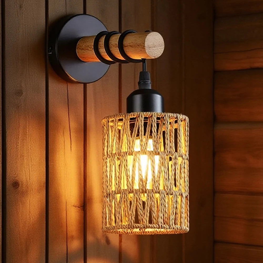 Fácil instalação arandelas de parede de rattan luzes de parede com regulável boho montagem na parede luminárias de vime lâmpada de parede para o berçário do quarto