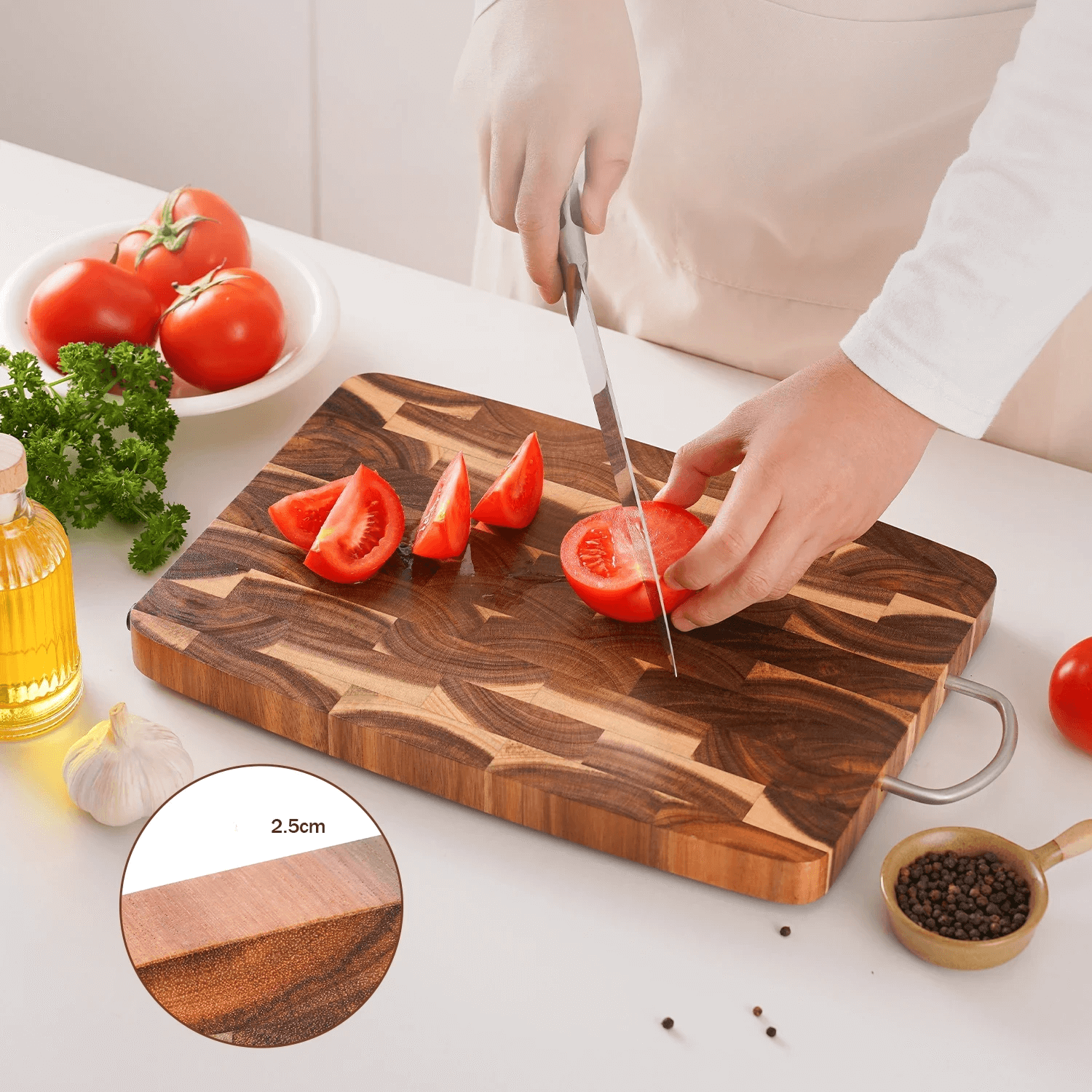 Tábua de Corte de Acácia Luxuosa com Alça de Aço Inox