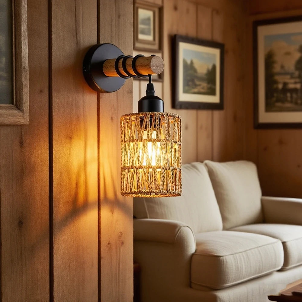 Fácil instalação arandelas de parede de rattan luzes de parede com regulável boho montagem na parede luminárias de vime lâmpada de parede para o berçário do quarto