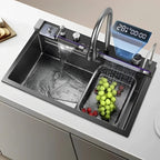 Kit Pia Cuba Cascata Gourmet Cozinha Inteligente Smart Led Multifuncional Completa De Aço Inox - Cor Preta