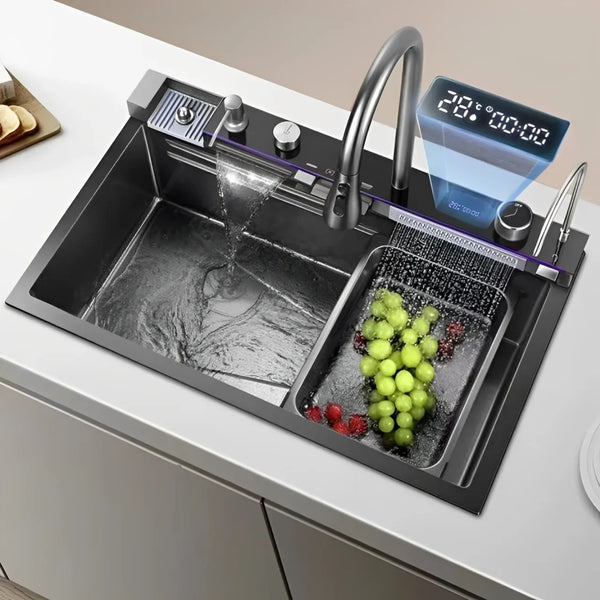 Kit Pia Cuba Cascata Gourmet Cozinha Inteligente Smart Led Multifuncional Completa De Aço Inox - Cor Preta