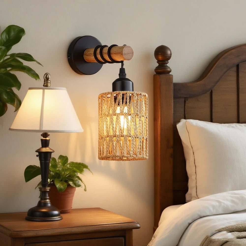 Fácil instalação arandelas de parede de rattan luzes de parede com regulável boho montagem na parede luminárias de vime lâmpada de parede para o berçário do quarto