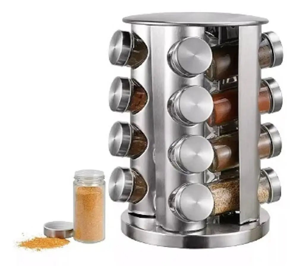 Porta Condimentos 16 Potes em Inox - Suporte Giratório