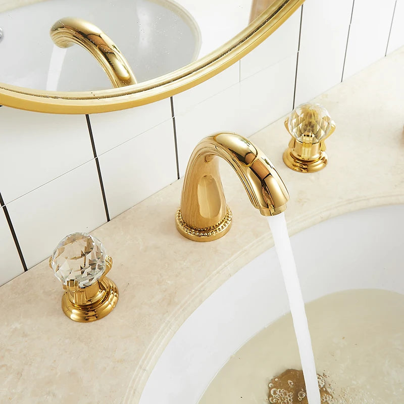 Torneira Dourada para Banheiro com Misturador de Água Quente e Fria em Latão e Cristal