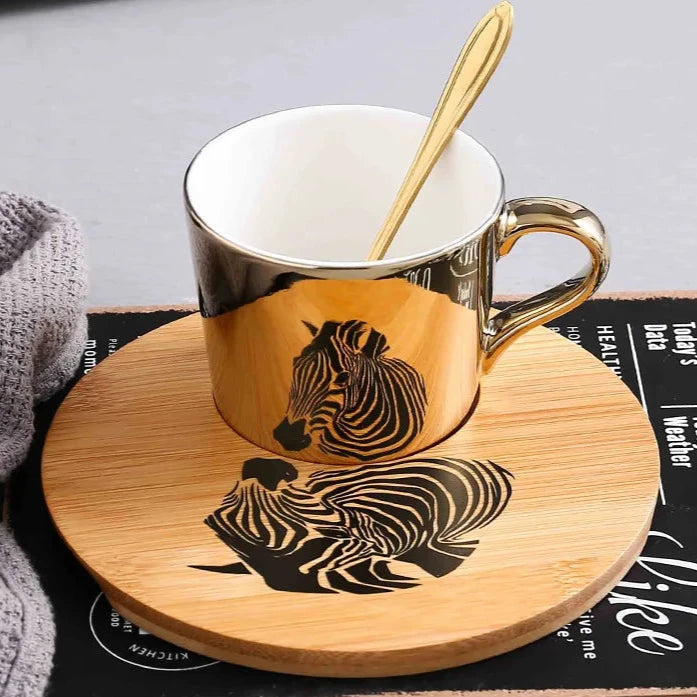 Kit Caneca Animais Pintado Cerâmica e Madeira - 3pcs