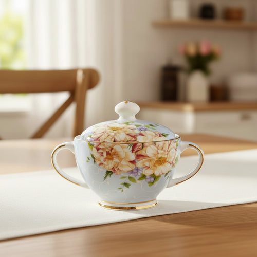 Açucareiro de Porcelana Europeia com Tampa Decorativa