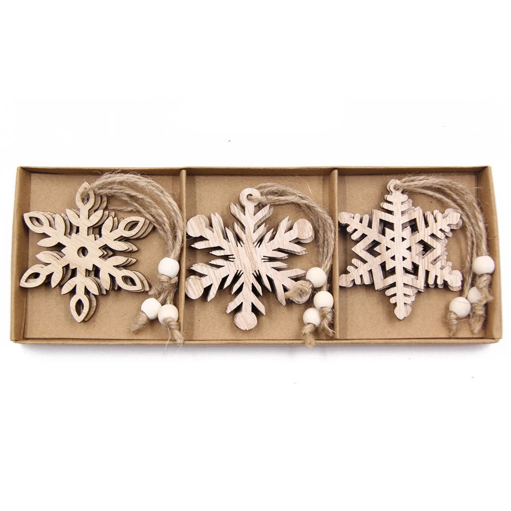 Vintage Hollow Snowflake Pingentes de madeira, Xmas Hanging Ornamentos para Noel Tree Decorações, DIY Pintura Presentes, 12Pcs por Caixa
