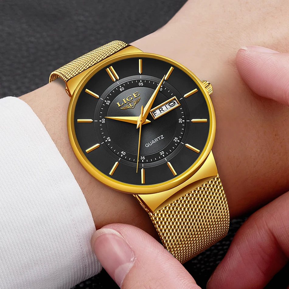 Relógio Casual Masculino em Aço Inox Ultrafino com Data Fine