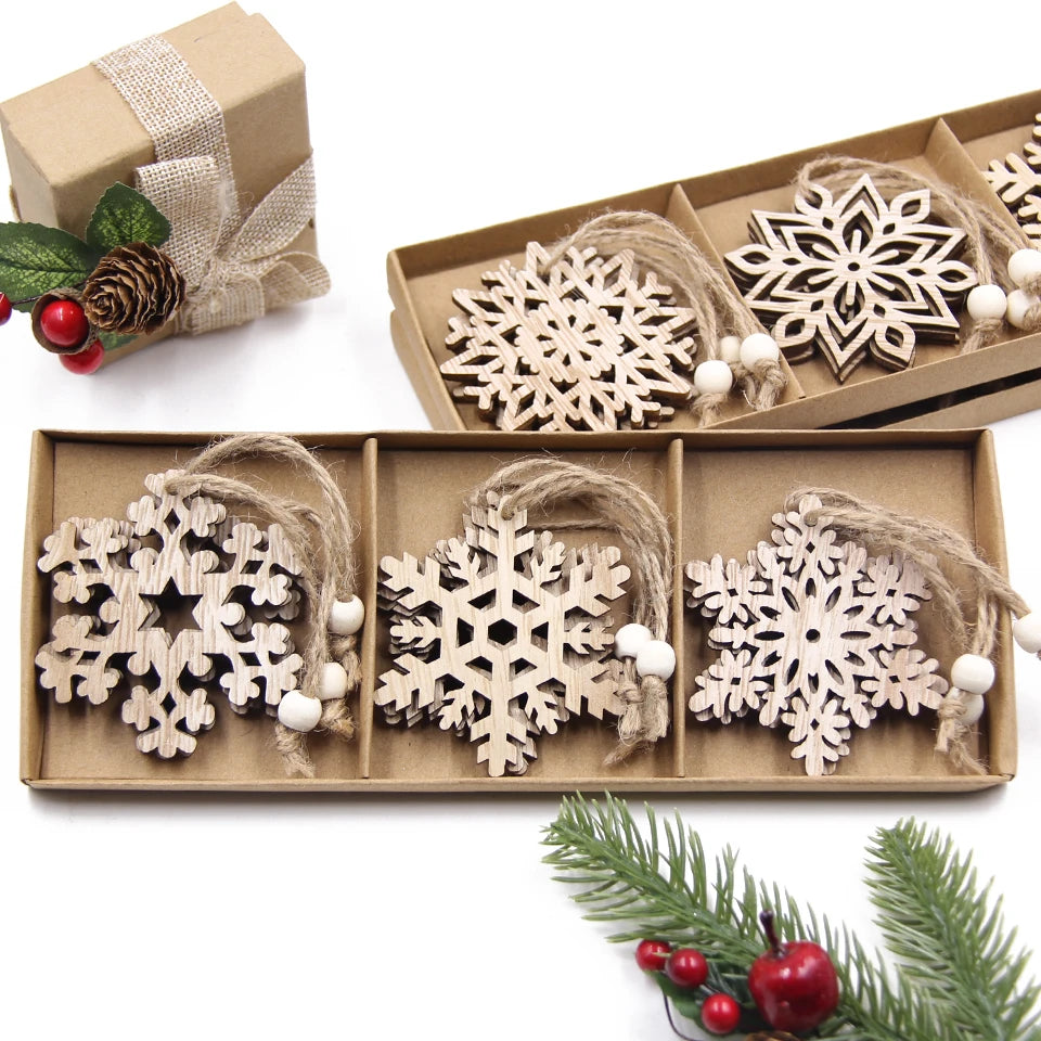 Vintage Hollow Snowflake Pingentes de madeira, Xmas Hanging Ornamentos para Noel Tree Decorações, DIY Pintura Presentes, 12Pcs por Caixa