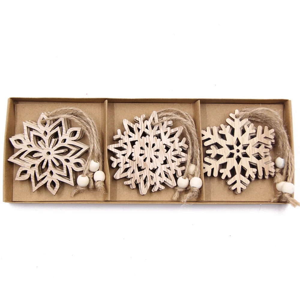 Vintage Hollow Snowflake Pingentes de madeira, Xmas Hanging Ornamentos para Noel Tree Decorações, DIY Pintura Presentes, 12Pcs por Caixa