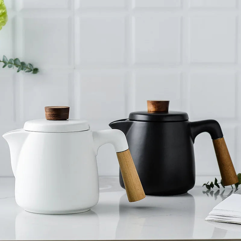 Linha de Chá Minimalista em Porcelana com Xícaras e Bules com Alça de Madeira