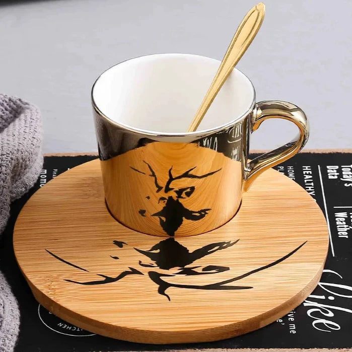 Kit Caneca Animais Pintado Cerâmica e Madeira - 3pcs