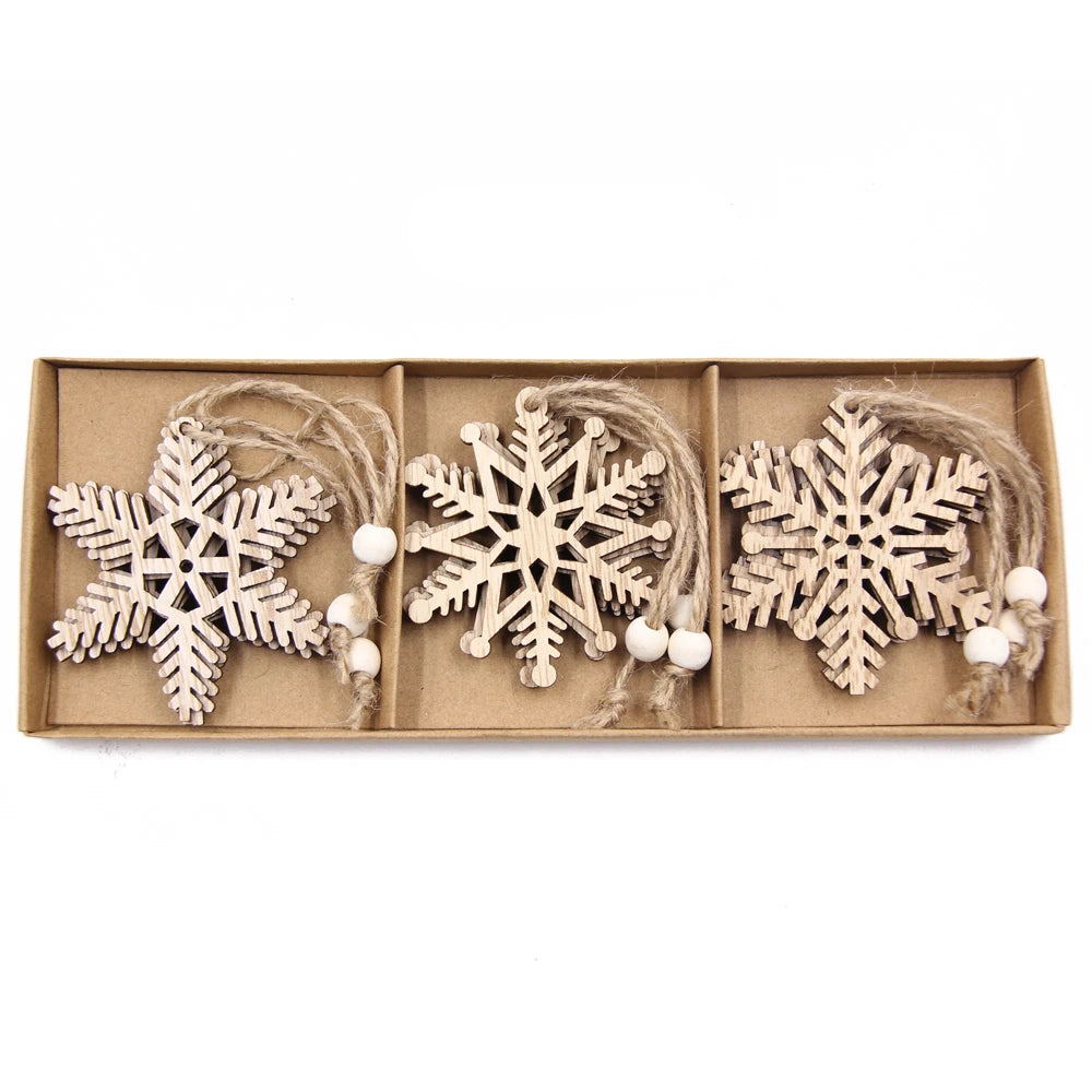 Vintage Hollow Snowflake Pingentes de madeira, Xmas Hanging Ornamentos para Noel Tree Decorações, DIY Pintura Presentes, 12Pcs por Caixa