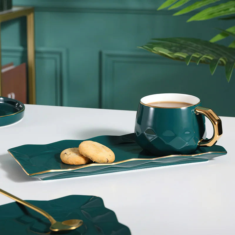 Copo de cerâmica conjunto de pratos nordic verde água ware xícara de café retangular bandeja pequena colher caixa de presente barra casa decoração xícara de chá