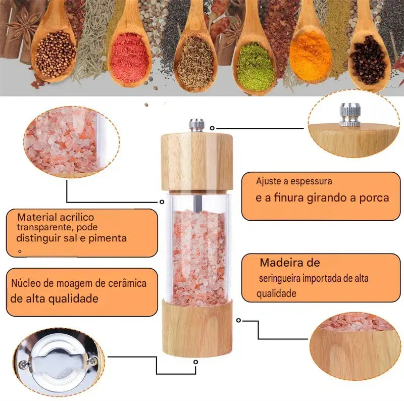 Moedor Manual de Sal e Pimenta em Madeira de Carvalho - 2pcs