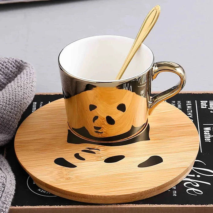 Kit Caneca Animais Pintado Cerâmica e Madeira - 3pcs