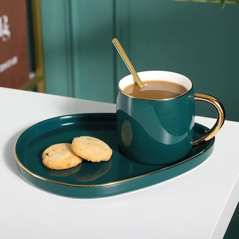 Copo de cerâmica conjunto de pratos nordic verde água ware xícara de café retangular bandeja pequena colher caixa de presente barra casa decoração xícara de chá