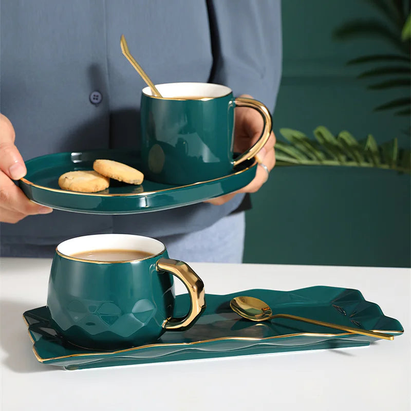 Copo de cerâmica conjunto de pratos nordic verde água ware xícara de café retangular bandeja pequena colher caixa de presente barra casa decoração xícara de chá