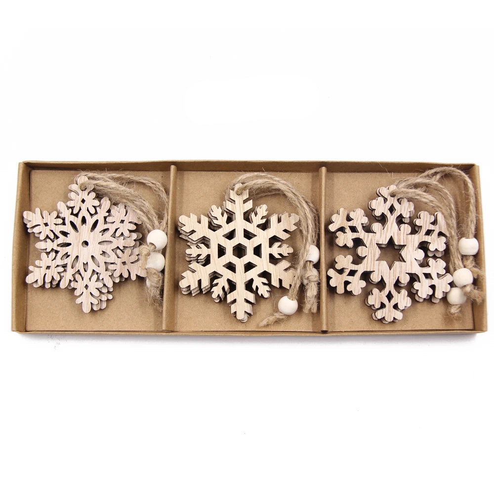 Vintage Hollow Snowflake Pingentes de madeira, Xmas Hanging Ornamentos para Noel Tree Decorações, DIY Pintura Presentes, 12Pcs por Caixa
