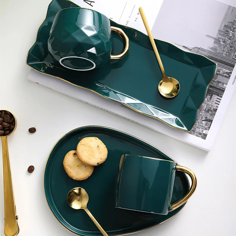 Copo de cerâmica conjunto de pratos nordic verde água ware xícara de café retangular bandeja pequena colher caixa de presente barra casa decoração xícara de chá