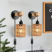 Fácil instalação arandelas de parede de rattan luzes de parede com regulável boho montagem na parede luminárias de vime lâmpada de parede para o berçário do quarto