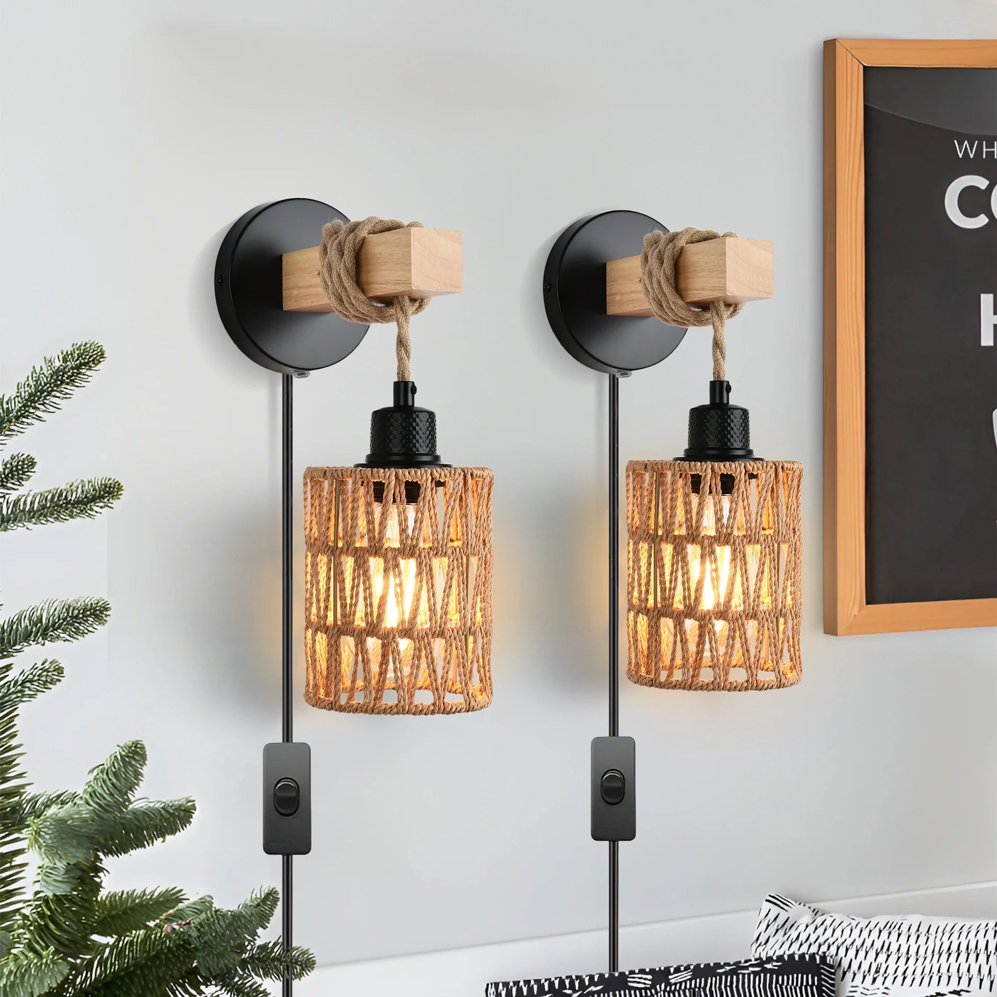 Fácil instalação arandelas de parede de rattan luzes de parede com regulável boho montagem na parede luminárias de vime lâmpada de parede para o berçário do quarto