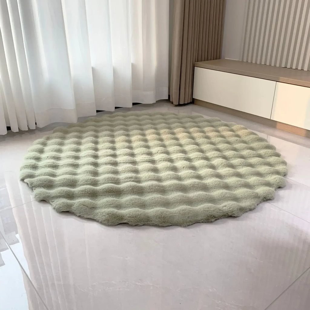 Coelho cabelo bolha veludo tapete redondo macio macio pelúcia imitação de pele crianças quarto almofada mesa café pé tapete decoração casa