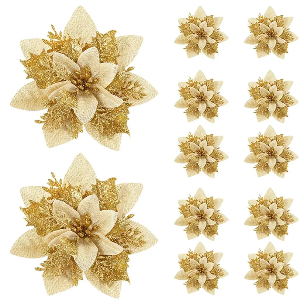 5/10 pçs 14.5cm ornamentos de flores de natal, rosa, vermelho, ouro, glitter flores artificiais para árvore de natal, decoração de natal para casa