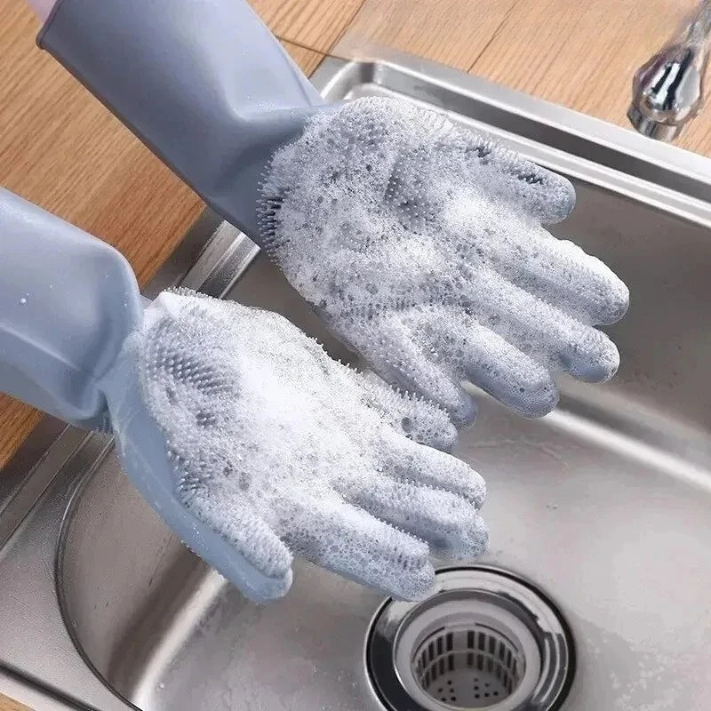 Luvas de Silicone para Limpeza e Lavagem de Louças com Esponja Esfregadora