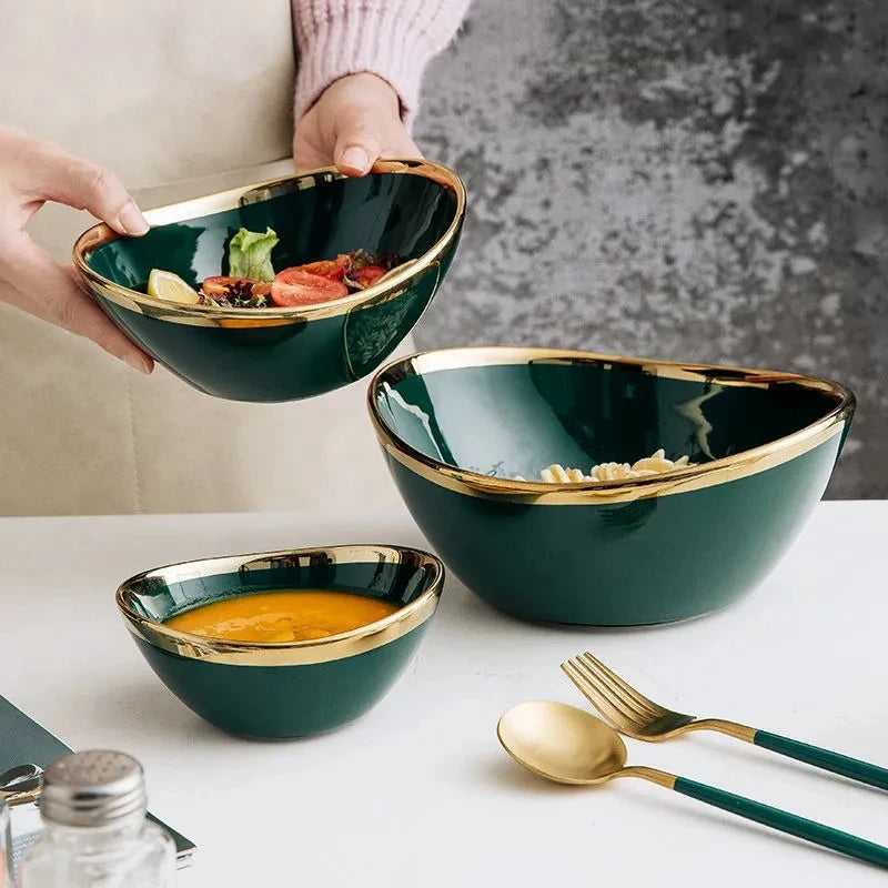 Tigela de Cerâmica Nórdica Luxuosa com Acabamento Dourado Elegante