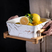 Tigela para Salada Marmorizada com Base em Madeira