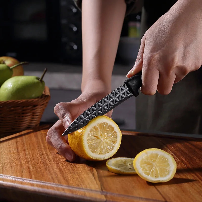 Jogo de Facas de Cozinha 5 Peças em Aço Inox com Revestimento Antiaderente, Faca de Chef, Tesoura, Descascador e Cabo de Madeira
