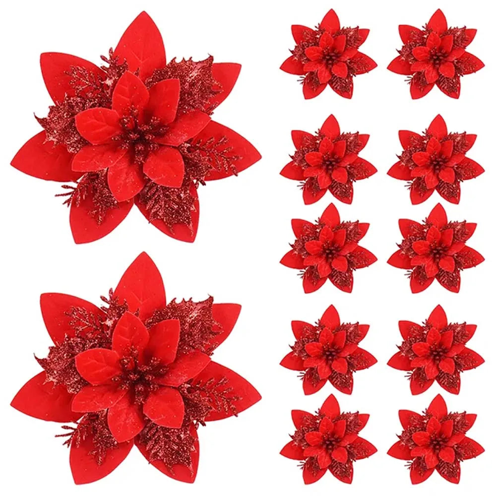 5/10 pçs 14.5cm ornamentos de flores de natal, rosa, vermelho, ouro, glitter flores artificiais para árvore de natal, decoração de natal para casa