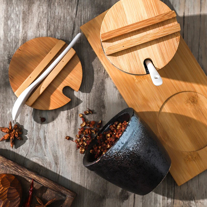 Conjunto de Potes de Cerâmica para Temperos com Tampa de Bambu