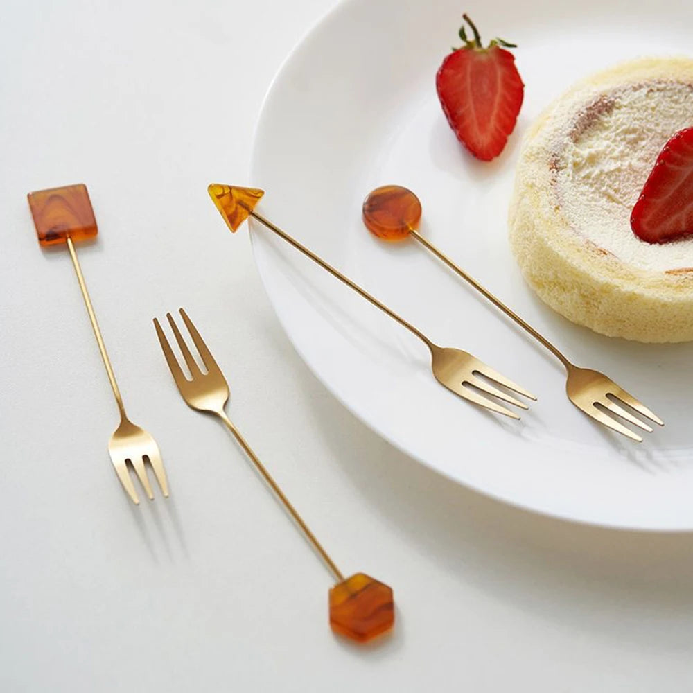Conjunto de garfo de colher pequena de aço inoxidável, acrílico banhado a ouro, colheres geométricas, INS, café, agitação para chá, doméstico, 4pcs