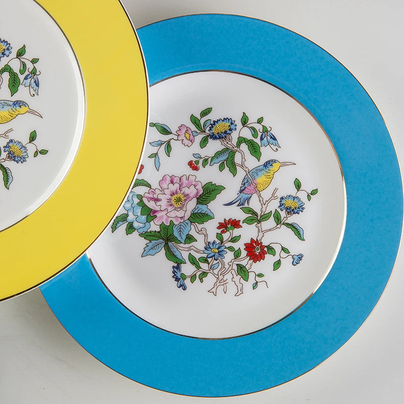Prato Decorativo de Porcelana Europeia com Flores e Pássaros para Salada e Refeições