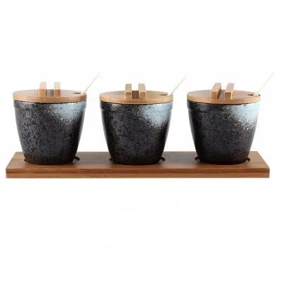 Conjunto de Potes de Cerâmica para Temperos com Tampa de Bambu