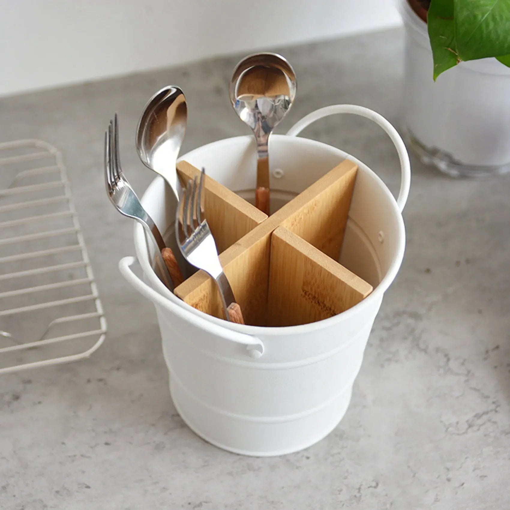 Organizador de Talheres em Aço Inox e Bambu