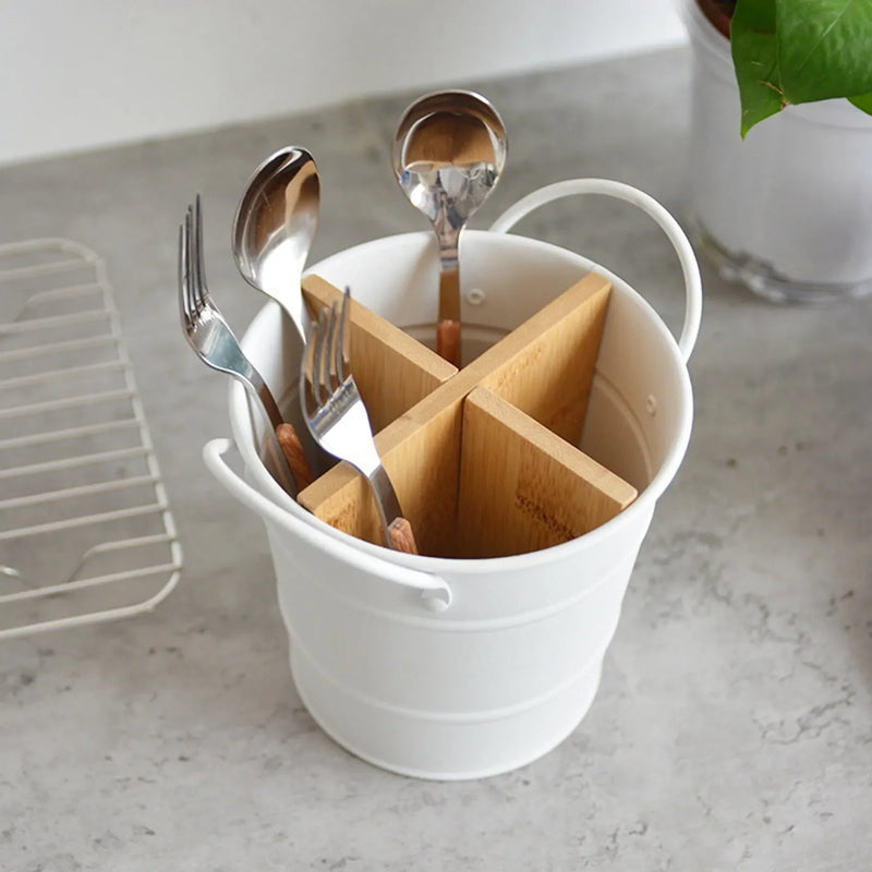 Organizador de Talheres em Aço Inox e Bambu