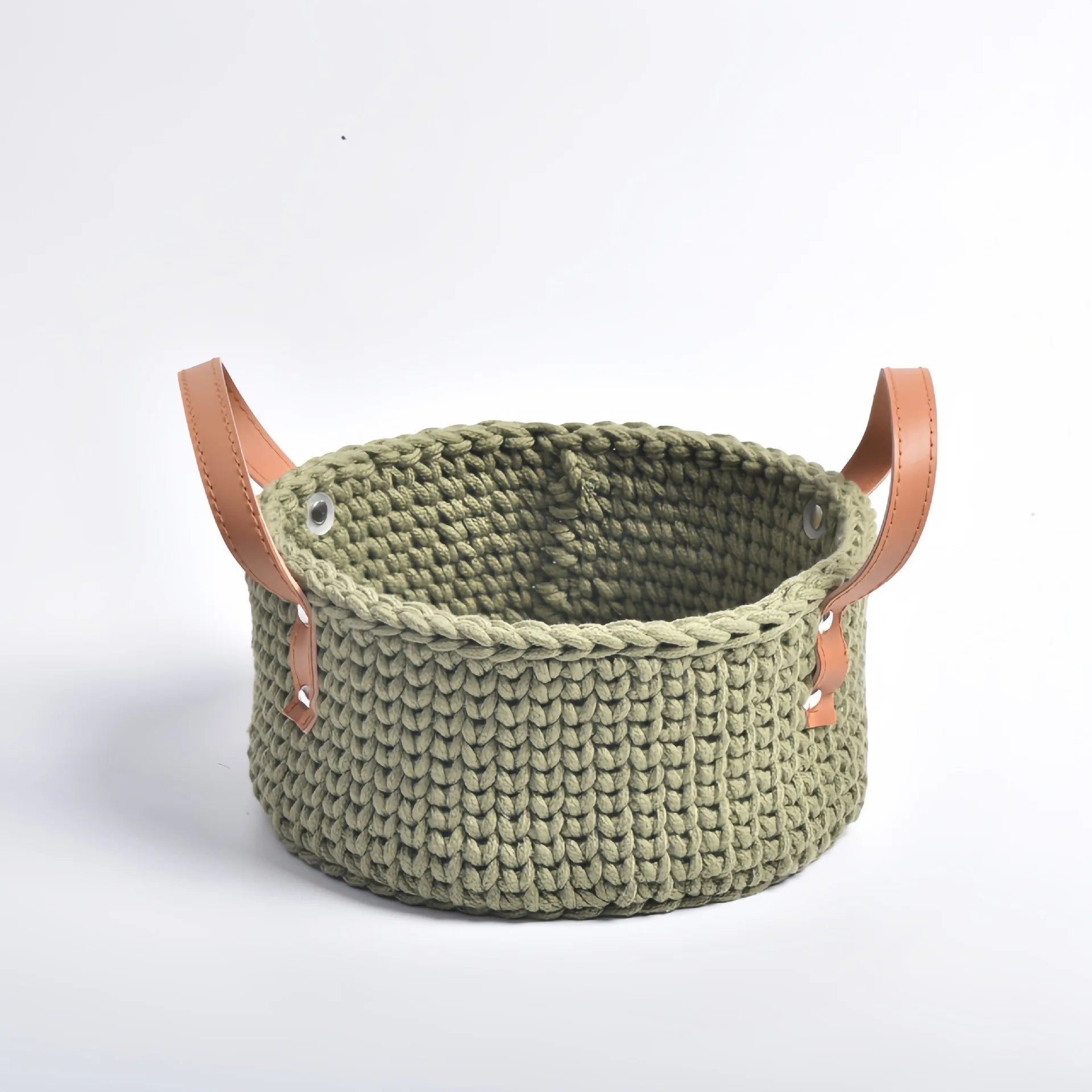 Cesta de armazenamento com alça de couro tricotada à mão, cesta de tecido de corda de algodão, cesta de armazenamento doméstico, desktop, cestas de flores criativas