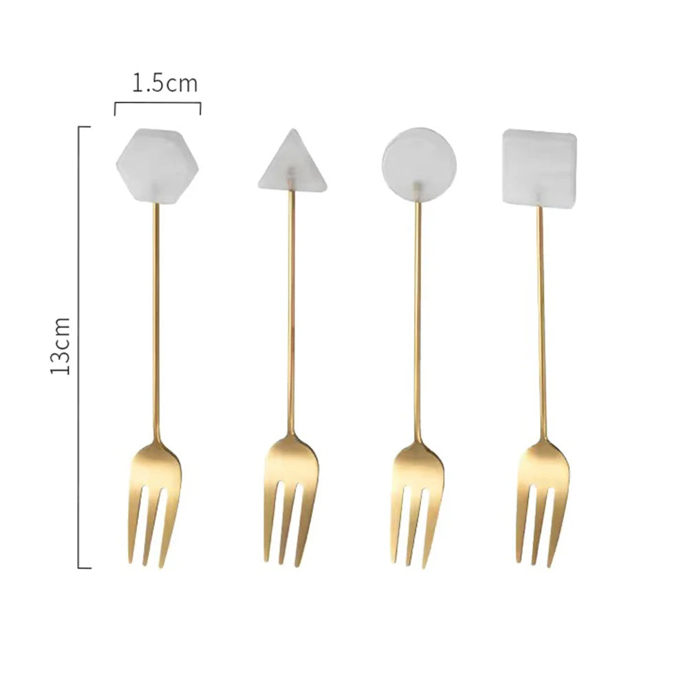 Conjunto de garfo de colher pequena de aço inoxidável, acrílico banhado a ouro, colheres geométricas, INS, café, agitação para chá, doméstico, 4pcs
