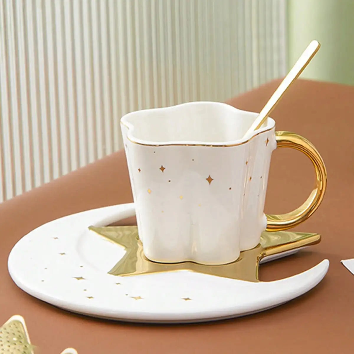 Caneca de Cerâmica Estrela e Lua com Prato e Colher