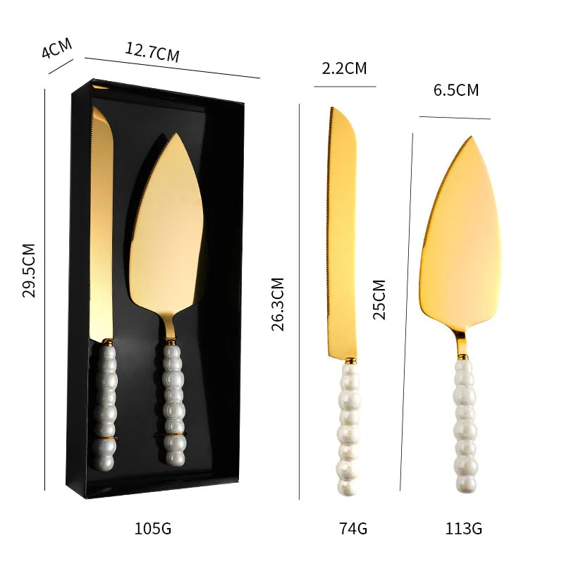 Conjunto de Faca e Espátula para Bolo Pérola em Aço Inoxidável