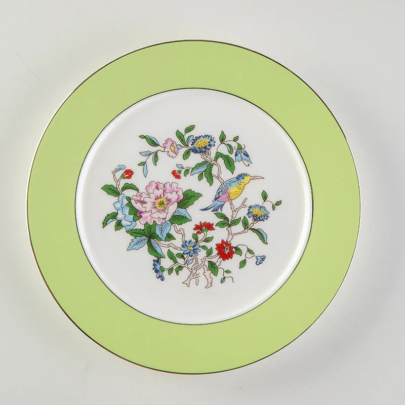 Prato Decorativo de Porcelana Europeia com Flores e Pássaros para Salada e Refeições