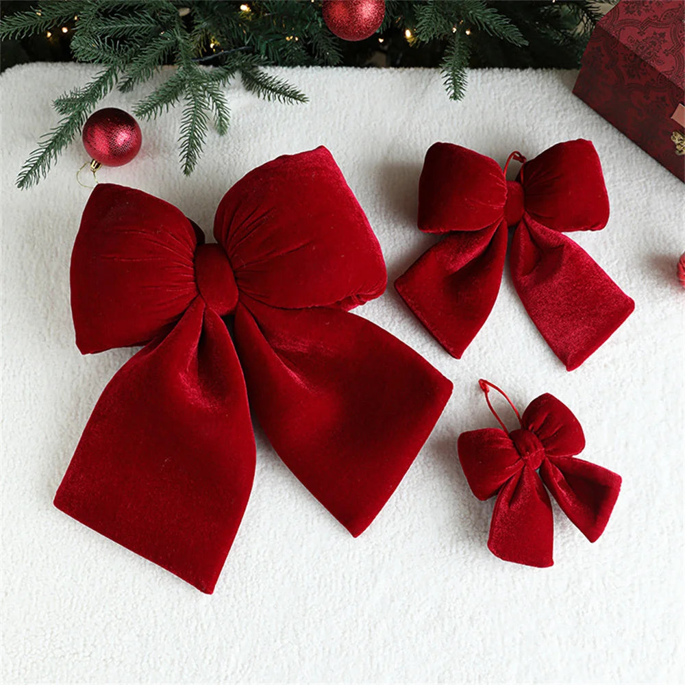 Decoração de arco de natal veludo vermelho arco nó enfeites pendurados diy árvores de natal pingente para decorações de festa em casa de férias
