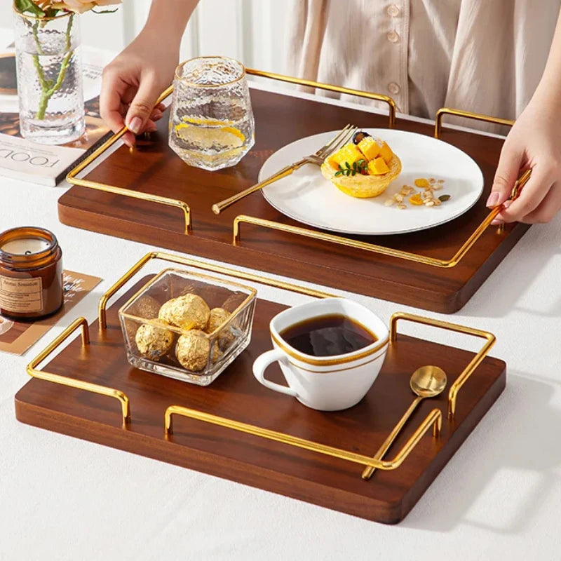 Bandeja de servir de madeira vintage, prato de frutas retangular com alças, bandeja de armazenamento de conjunto de chá de madeira maciça, decoração moderna para casa