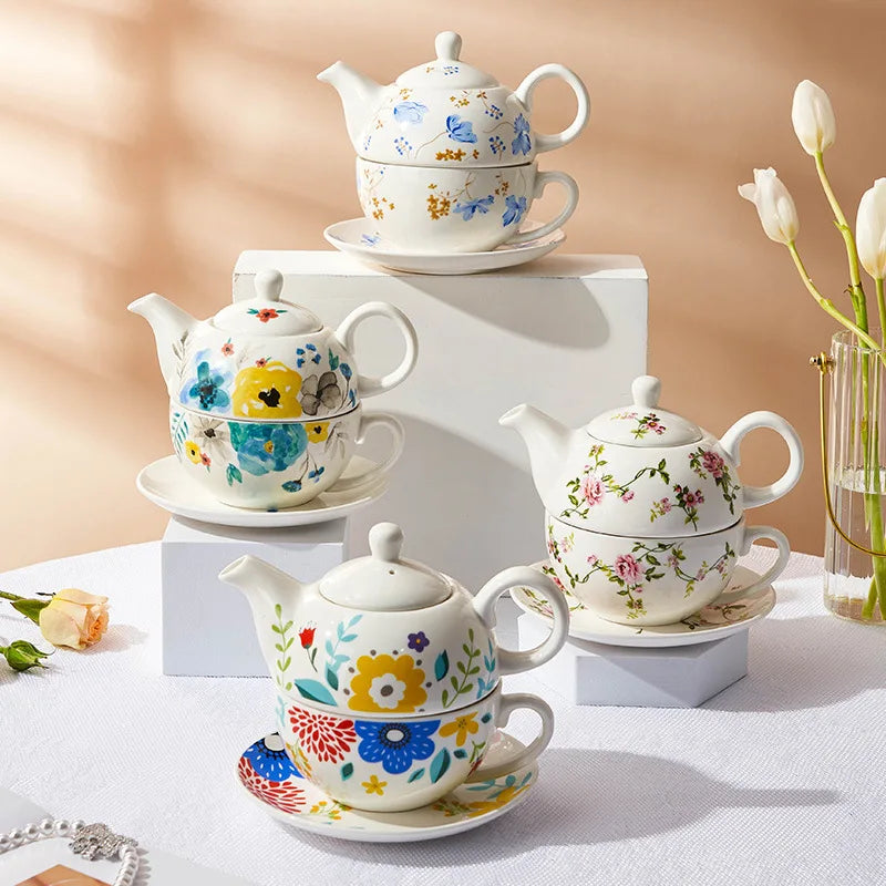 Tea For One Pintado a Mão em Porcelana Kit 4 Peças