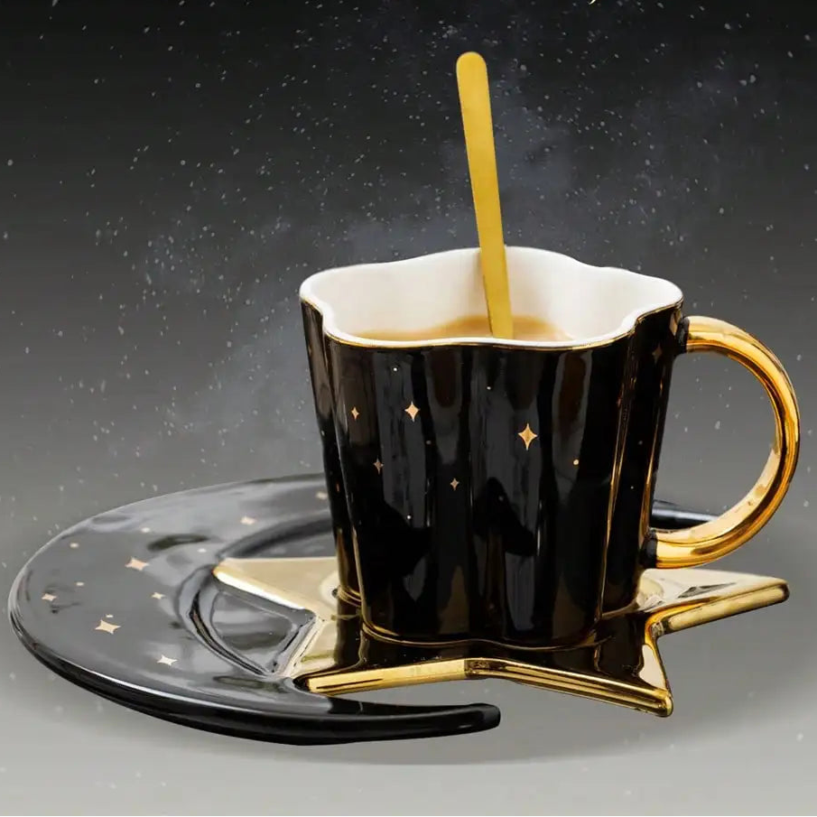 Caneca de Cerâmica Estrela e Lua com Prato e Colher