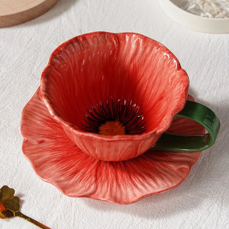 Conjunto de Xícara de Chá Cerâmica Pétala de Flor com Pires - 300ml