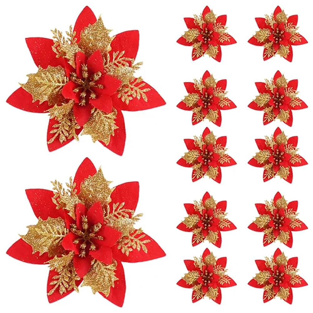 5/10 pçs 14.5cm ornamentos de flores de natal, rosa, vermelho, ouro, glitter flores artificiais para árvore de natal, decoração de natal para casa